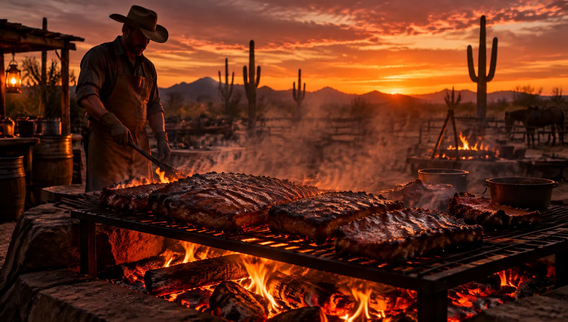 Ribs smoking over an open pit in the Arizona desert